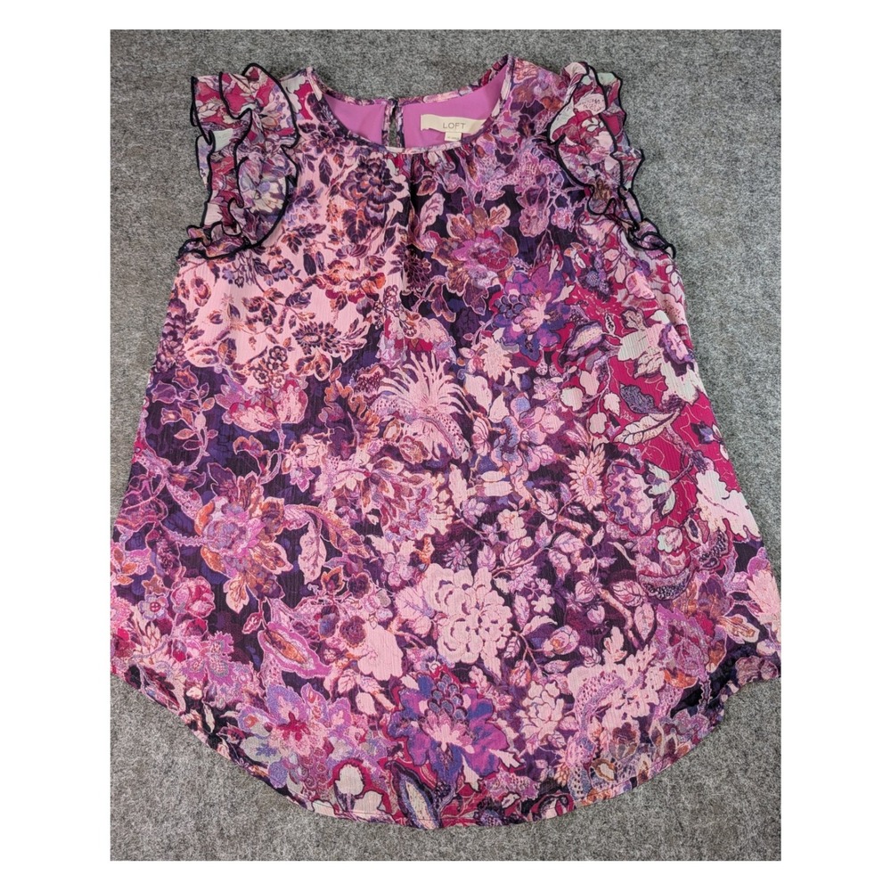 LOFT Purple Floral Ruffle Sleeve Chiffon Blouse Medium Lined Shell Top EUC